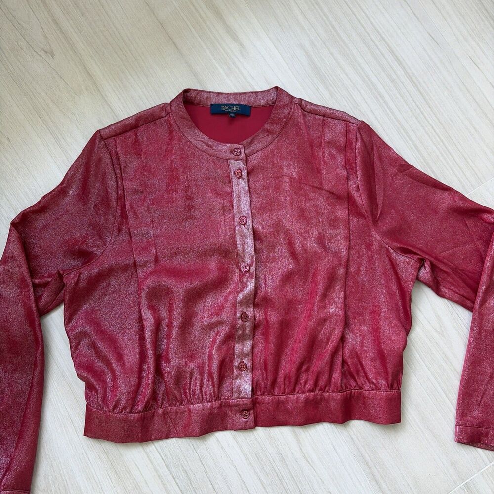 Rachel Roy Womens Large Red Shimmer Button Front Blouse Lightweight Holiday Xmas